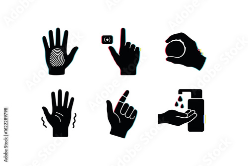six different glitch effect illustration isolated on white backgorund hand dermatoglyphic chart hand gesture sensor hand tremor monitor hand therapy ball hand prosthetic finger hand hygiene