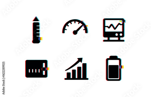 six different glitch effect illustration isolated on white backgorund maximum peak indicator maximum value gauge maximum load test rig maximum threshold limit maximum performance chart
