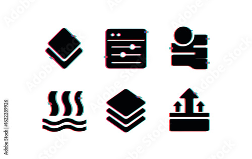 six different glitch effect illustration isolated on white backgorund layer mask filter layer control panel layer abstraction level layer OSI model layer fabric laminate layer thermal