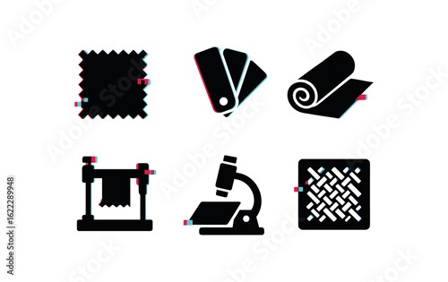 six different glitch effect illustration isolated on white backgorund fabric weave sample fabric swatch card fabric dye kit fabric bolt roll fabric tensile tester fabric texture scanner