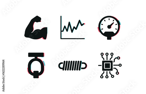 six different glitch effect illustration isolated on white backgorund tension muscle strain gauge tension line plot tension pressure sensor tension load cell tension mechanical spring