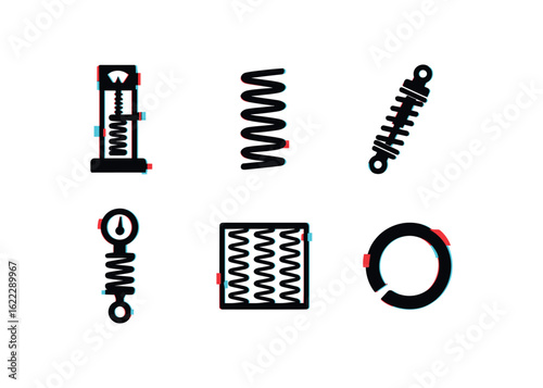 six different glitch effect illustration isolated on white backgorund spring compression tester spring coil wire spring damper unit spring tension meter spring mattress core spring washer