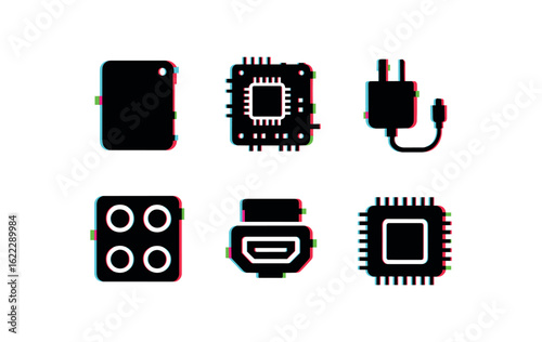 six different glitch effect illustration isolated on white backgorund device enclosure case device PCB board device power supply device sensor array device interface port device firmware