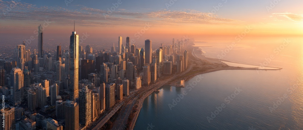 Obraz premium Stunning Aerial View of Chicago Skyline at Sunrise