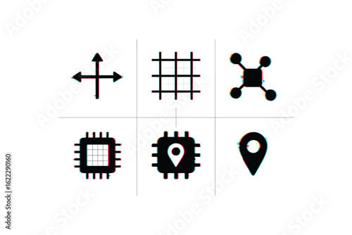 six different glitch effect illustration isolated on white backgorund coordinate axis crosshair coordinate grid overlay coordinate mapping node coordinate transform matrix coordinate