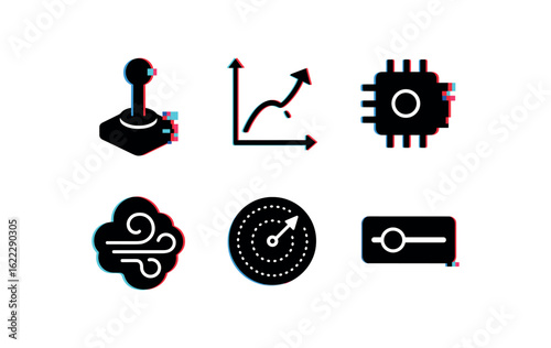 six different glitch effect illustration isolated on white backgorund movement joystick controller movement trajectory plot movement actuator module movement fluid dynamics map movement