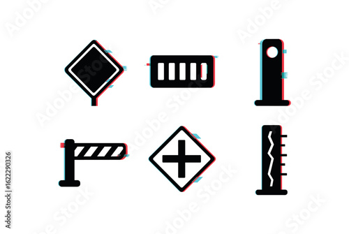 six different glitch effect illustration isolated on white backgorund road traffic signal road rumble strip road reflector bezel road barrier gate road intersection sign road pavement crack