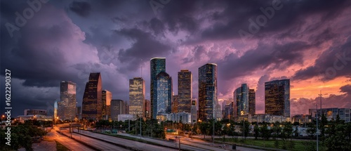 Houston Skyline at Dusk under Dramatic Clouds