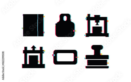 six different glitch effect illustration isolated on white backgorund cardboard crease module cardboard slot punch cardboard gluing station cardboard load test rig cardboard label area