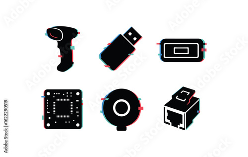 six different glitch effect illustration isolated on white backgorund barcode scanner USB dongle barcode scanner battery pack barcode scanner sensor array barcode scanner firmware module
