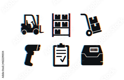 six different glitch effect illustration isolated on white backgorund stocker pallet stacker stocker shelving trolley stocker picking cart stocker inventory scanner stocker order sheet