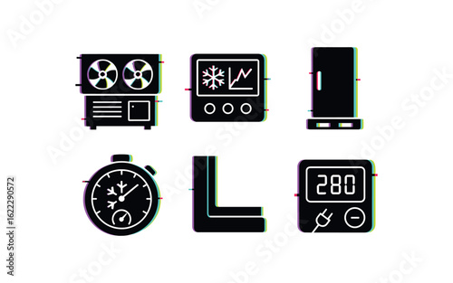 six different glitch effect illustration isolated on white backgorund cold storage glycol chiller cold storage monitoring dashboard cold storage pallet freezer cold storage defrost timer
