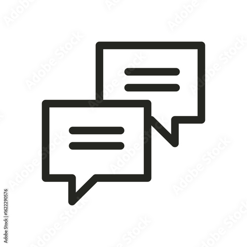 Two overlapping chat bubbles each containing two horizontal lines are presented in a minimalist line drawing style