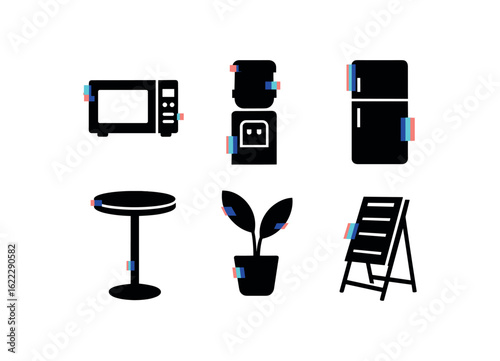 six different glitch effect illustration isolated on white backgorund break room microwave oven break room water cooler break room refrigerator unit break room high table break room plant