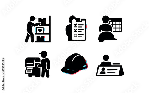 six different glitch effect illustration isolated on white backgorund warehouse clerk shelving map warehouse clerk restock schedule warehouse clerk shift roster warehouse clerk packing