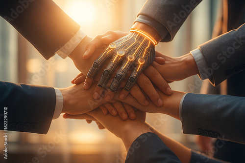 Robot and human hands making a fist bump, symbolizing future collaboration, partnership, and successful teamwork between people and AI.	
