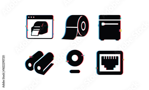 six different glitch effect illustration isolated on white backgorund label printer software driver label printer adhesive labels roll label printer maintenance kit label printer feed
