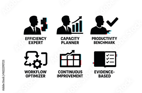 six different glitch effect illustration isolated on white backgorund efficiency expert waste elimination map efficiency expert capacity planner efficiency expert productivity benchmark