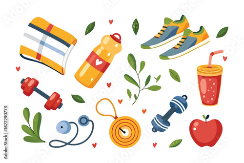 Fitness Essentials: A vibrant collection of fitness essentials, featuring dumbbells, sports shoes, a water bottle, and more. Capturing the essence of a healthy lifestyle and a commitment to wellness.