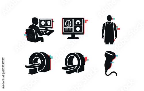 six different glitch effect illustration isolated on white backgorund radiologist PACS workstation radiologist DICOM viewer radiologist lead apron radiologist CT scanner radiologist MRI
