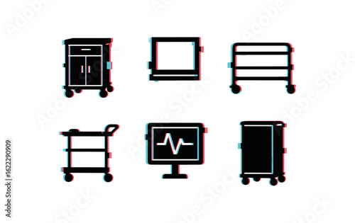 six different glitch effect illustration isolated on white backgorund ward medication trolley drawer ward observation window hatch ward safety rail panel ward meal tray service cart ward