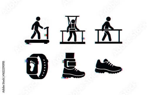 six different glitch effect illustration isolated on white backgorund walking therapy treadmill track mat walking therapy gait belt harness walking therapy balance bar rail walking therapy