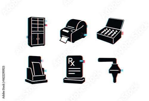 six different glitch effect illustration isolated on white backgorund medication dispensing electronic cabinet medication dispensing labeling printer medication dispensing inventory module