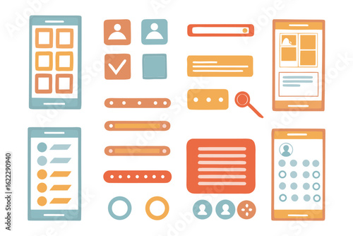 Mobile App Interface Elements: A collection of modern, stylized user interface elements, ideal for web or mobile app design projects. Featuring various icons, buttons.