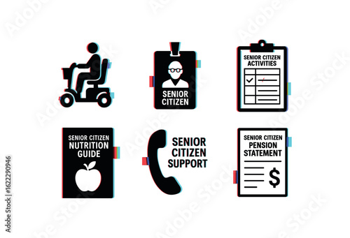 six different glitch effect illustration isolated on white backgorund senior citizen mobility scooter senior citizen ID badge senior citizen activities schedule senior citizen nutrition