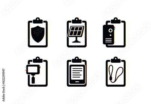 six different glitch effect illustration isolated on white backgorund clipboard privacy shield clipboard solar charger panel clipboard voice recorder module clipboard stabilizer clipboard