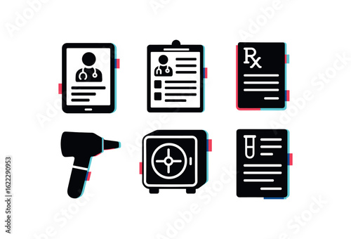six different glitch effect illustration isolated on white backgorund general practitioner EHR interface tablet general practitioner appointment schedule board general practitioner