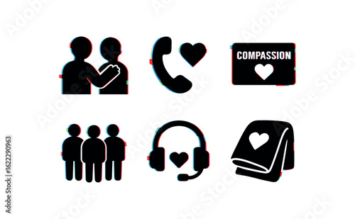 six different glitch effect illustration isolated on white backgorund compassion empathy training module compassion patient outreach call script compassion kindness token card compassion
