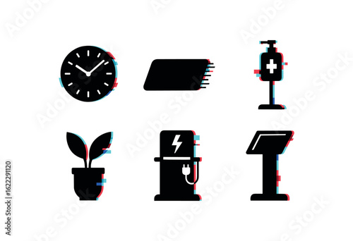 six different glitch effect illustration isolated on white backgorund waiting room clock on waiting room carpet runner waiting room hand sanitizer stand waiting room plant pot waiting room