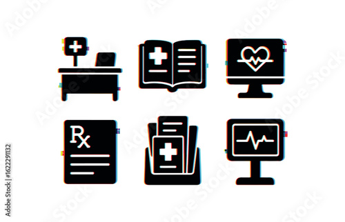 six different glitch effect illustration isolated on white backgorund health office medical office desk health office appointment book health office EMR terminal health office prescription