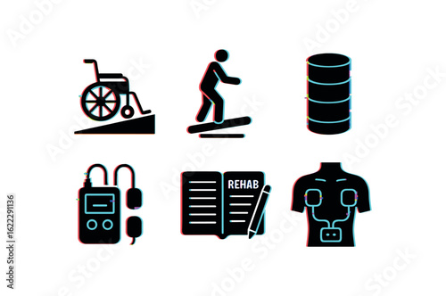 six different glitch effect illustration isolated on white backgorund rehabilitation wheelchair ramp rehabilitation balance board rehabilitation physio roller rehabilitation functional