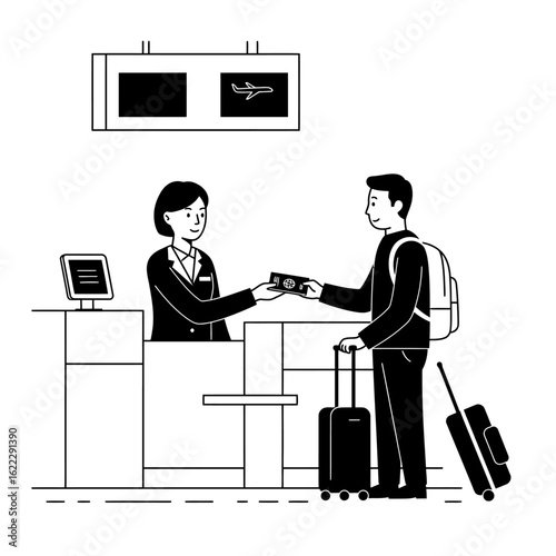 A male traveler checks in at an airport counter, handing his documents to a friendly airline agent, ready for his journey.