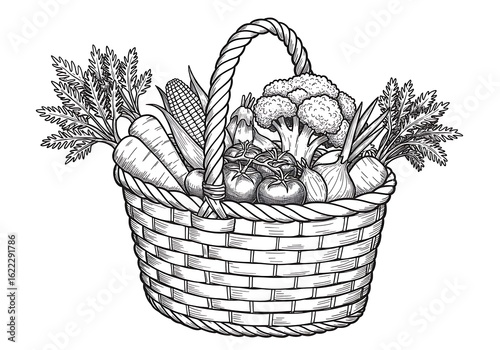 Hand drawn vintage wooden box filled with assorted vegetables