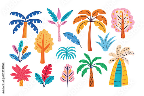 Colorful Tropical Botanical: A vibrant collection of illustrated palm trees and diverse tropical leaves in a playful and lively graphic style. Capturing the essence of summer and exotic plant life.