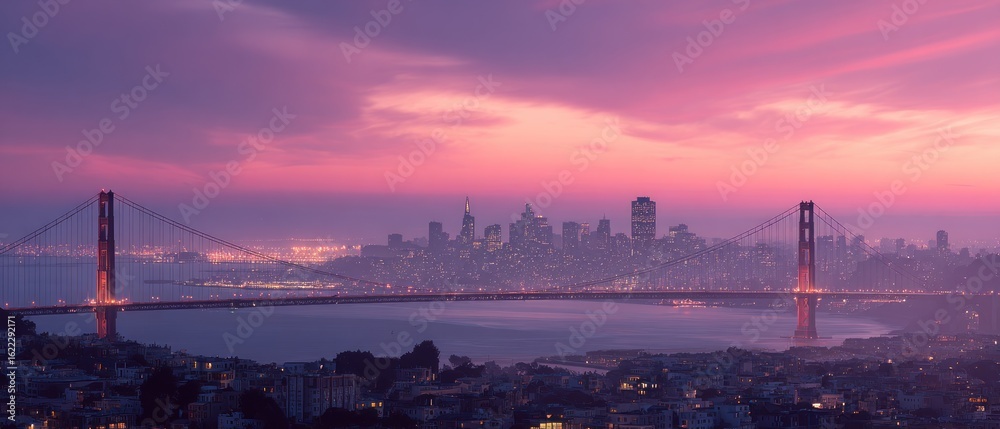 Obraz premium Golden Gate Bridge Sunset Panorama: San Francisco Bay at Dusk