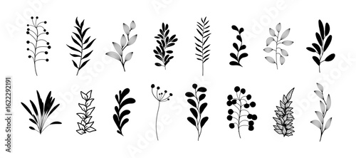 Black hand-drawn wildflower icon vector set. Branch icons, tree illustrations. Floral sketch elements, feminine botanical foliage silhouettes. Organic vines, olive twigs. Vintage cottagecore meadow bg