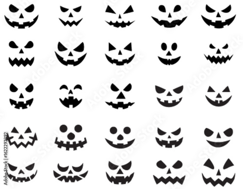 Set of Halloween pumpkin faces in black silhouettes with various spooky expressions