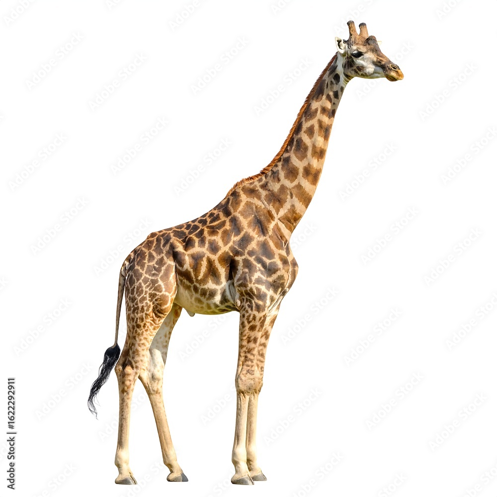 Naklejka premium A giraffe stands against a white background, its long neck and patterned coat clearly visible