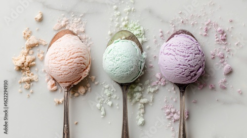 Three flavors of ice cream in silver spoons with colorful crumbs relaxing on a light marble surface.
