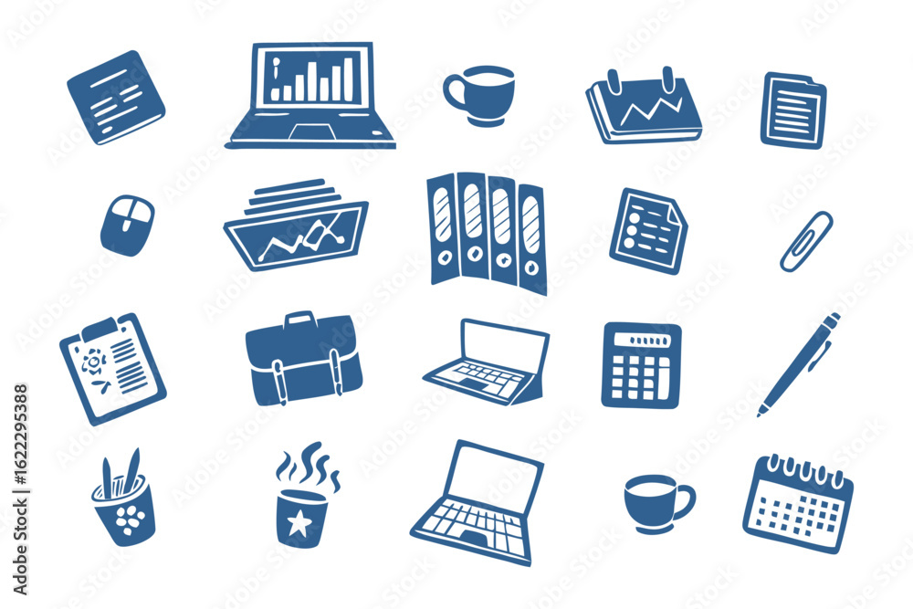 Office Elements in Blue: a collection of diverse office supplies in a clean, blue-toned doodle. Perfect for various professional or business-related visual projects. Office Elements in Blue: a collection of diverse office supplies in a clean, blue-toned doodle. Perfect for various professional or business-related visual projects.
