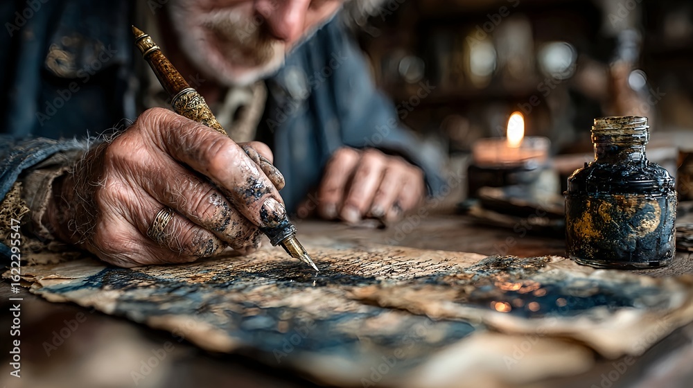 Obraz premium hand writing with quill on ancient parchment