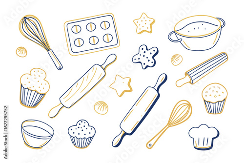 Baking Essentials: A delightful assortment of baking tools and treats, artfully arranged, perfectly capture the essence of culinary creativity and the simple joy of home baking.