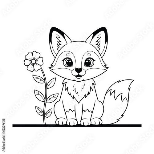 Adorable black and white line art illustration of a cartoon fox sitting next to a flower.