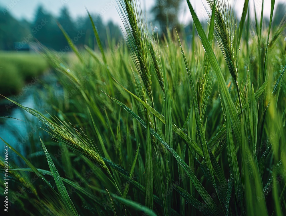 Fototapeta premium Lush green grass with dew drops, near a calm stream