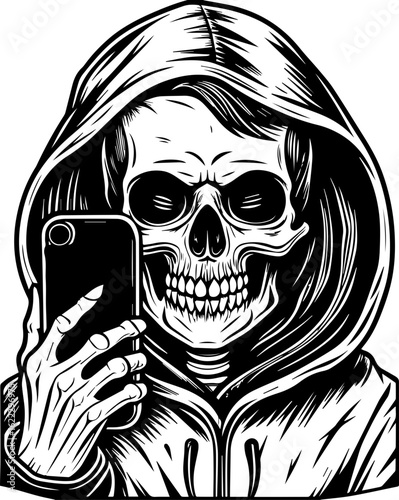 SVG of a rapper-themed skull and skeleton in an edgy tattoo style. Skull Figure in Hoodie Taking Selfie with Smartphone in Hand