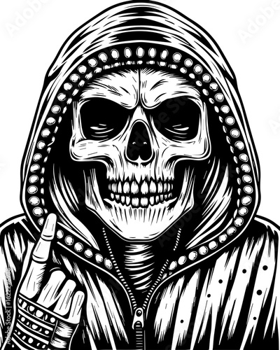 SVG of a rapper-themed skull and skeleton in an edgy tattoo style. Skull Character with Hoodie and Rock Gesture for Edgy Designs